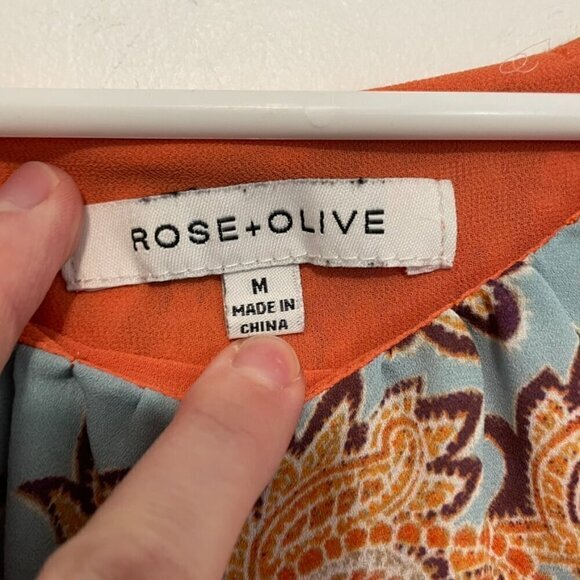 ROSE + OLIVE Orange Blue Paisley Geo Split Back Sleeveless Boho Tank Top Blouse - Picture 3 of 16